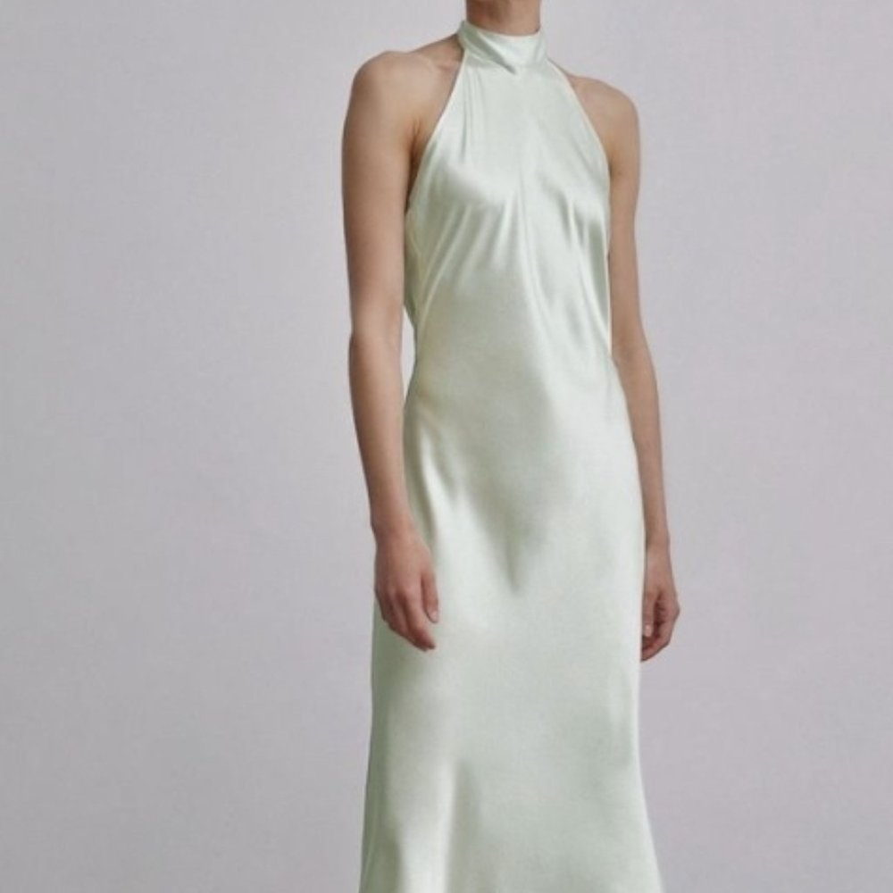 Silk Mason 100% mulberry silk french bow halterneck mint, maxi dress size small